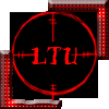Red circular reticle with 'LTU' text in red on black background, transitioning to 'ALPHA' and 'ALPHA SQUAD' text variations across frames.