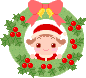 A circular green wreath with red berries and a pink bow holds a cartoon girl in Santa attire, her expression changing across frames.