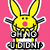 Pixelated cartoon bunny with pink nose and black eyes on pink background, holding two guns with text "OH NO U CANT" below.