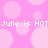 Pixelated pink background with light pink circles and repeated white text reading "Julie is HOT" in two horizontal lines.