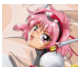Pink-haired anime character with red headband and white shoulder pads, lying down in a static pose with changing purple text overlays.