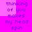 A static image with a bright pink background and purple text reading "thinking of you makes my head spin" in two identical vertical