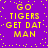 Purple background with yellow pixelated text reading 'GO TIGERS GET DAT MAN' repeated in four identical quadrants, surrounded by scattered yellow dots.