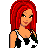 Pixel art of a red-haired figure in cow-print dress with multiple poses and text variations.