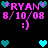 Pixelated icon with pink text 'RYAN' flanked by cyan hearts, date '8/10/08', and a smiley face on black background.
