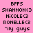 Pixelated text on pink background with alternating white and black text , featuring names like "BFFS" and "SHANNON<3" in a retro digital style