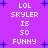 Purple background with blue starbursts and repeated white text reading "LOL SKYLER IS SO FUNNY" in pixelated font.