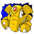 Pixelated yellow cartoon elephant with blue mane and red eye gem, static single-frame icon on gray background.