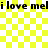 Yellow and white checkered background with repeated black text "i love meli" across the top and bottom, featuring a faint yellow circular pattern that shifts position between frames.