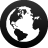 Black circular icon with white wireframe globe showing North America and parts of South America, Europe, and Africa on a light gray background.