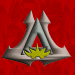A silver castle icon with yellow flame-like details on a red patterned background, shown in multiple states including full view, side view, and darkened versions.