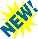 Blue text 'NEW!' on yellow starburst background in pixelated style, displayed across multiple sizes and orientations.