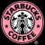 Circular pink icon with silver disc center showing 'SARAH' text and 'COFFEE' text below, surrounded by pixelated patterns.