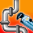 Pixelated image of silver pipes with a blue and black fish-like shape against an orange-to-red gradient background.