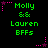 Green text reading "Molly && Lauren BFFs" on black background with pink and purple star-shaped pixel decorations.