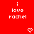 Red background with white pixelated text 'i love rachel' repeated across multiple and , interspersed with small heart and downward arrow symbols