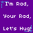 Purple background with white pixelated text repeating 'I'm Rad, Your Rad, Let's Hug!' and cyan star-like sparkles.