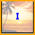 Pixelated beach sunset scene with palm trees, featuring a blue 'I' in the top-left and red '<3' in the top-right of separate frames.