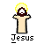 Pixelated figure with yellow halo, brown hair and beard, raised arms in light robe against gray background; text 'Jesus' below.