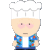 Pixelated character with white chef's hat, light skin, pink cheeks, brown eyes, blue patterned shirt over white undershirt.