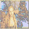 Animated sequence of a woman in a historical gown across six with color and background variations