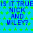 Blue background with green star pattern and repeated blue text "IS IT TRUE NICK AND MILEY?" in three