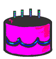 A 5x5 contact sheet of animated birthday cake frames showing text progression from "H" to "Happy Birthday" with candle animations, all in bright pink and black colors on a gray background.