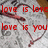 Red text phrases over a heart-shaped patterned background with visible animation changes.