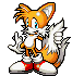 Pixel art character with orange fur, white chest, and two tails in various poses against gray background.