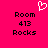 Pixelated icon with bright pink background, white heart symbol, and black text reading "Room 413 Rocks" in two identical vertical