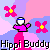 Pixelated character in pink dress with blue headband, surrounded by pink flowers on shifting pastel background.