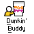 Pixelated icon shows a yellow figure holding an orange-and-purple striped cup with white foam, below text reading 'Dunkin' Buddy'.