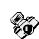 Pixelated camera icon with black and white body, two circular lenses, and a rectangular flash; one version shows yellow-orange explosion effect around the flash.