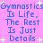 Pixelated text on a pink background with white stars, repeating "Gymnastics Is Life. The Rest Is Just Details" in blue.