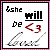 Pixelated icon with text 'she will be <3' and two gray pencil-like lines on white background, framed by pink checkered border.