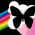 A static image of a cartoon character with black butterfly wings, rainbow hair, and pink background.