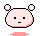 Pixelated pink creature with rounded ears, black square eyes, and a straight mouth, shown in four variations with subtle pose and expression differences.