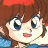Pixelated anime-style character with brown hair and blue eyes, wearing a blue top, next to black background with white text.