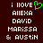 Dark brown background with white pixelated text reading 'i LOVE ALEXA DAVID MARISSA & AUSTIN' and a green heart symbol replacing the 'O' in LOVE on one side.