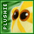 Yellow and white striped creature with large brown eyes, green background, vertical "PLUSHIE" text on left edge.