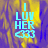 Pixelated text 'I LUV HER' with three hearts below, set against a blue and yellow abstract background.