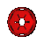 Red circular icon with central hole and radiating lines, shown in multiple views including front, side, and angled perspectives.