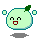 Pixelated light green circular character with teal outline, green leaf on top, red mouth, black eyes, and four light blue squares floating around it on gray background.