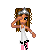 Pixel art of a girl with brown hair and a silver crown saluting, next to a pink dress with black accents, repeated text "I'm tired of crying for you" in pink and orange.