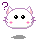 Pixelated white cat head with purple outline, pink inner ears and cheeks, black eyes, gray shadow below; question mark appears above left side.