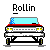 Pixel art car with blue roof and red trim, shown from front-left, front-right, and front views under 'Rollin' text.