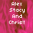 Pixelated text 'Alex Stacy And Chris!!' on a pink and brown patterned background with one gray