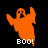 Pixelated orange ghost with raised arms and open mouth, below white text BOO! on black background.