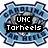 Pixelated icon with blue and dark blue border, black rectangular text box containing white pixelated text "UNC Torheels" over abstract background.