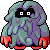 Pixel art character with teal and purple body, black mask-like face, white square eyes, red hands and feet, static pose on gray background.